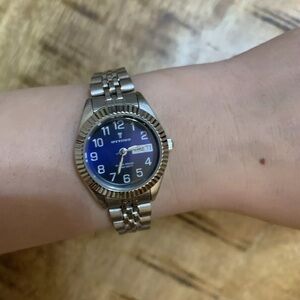 NEW Ottimo Ladies Round Blue Date Dial Water Proof Silver Linked Band